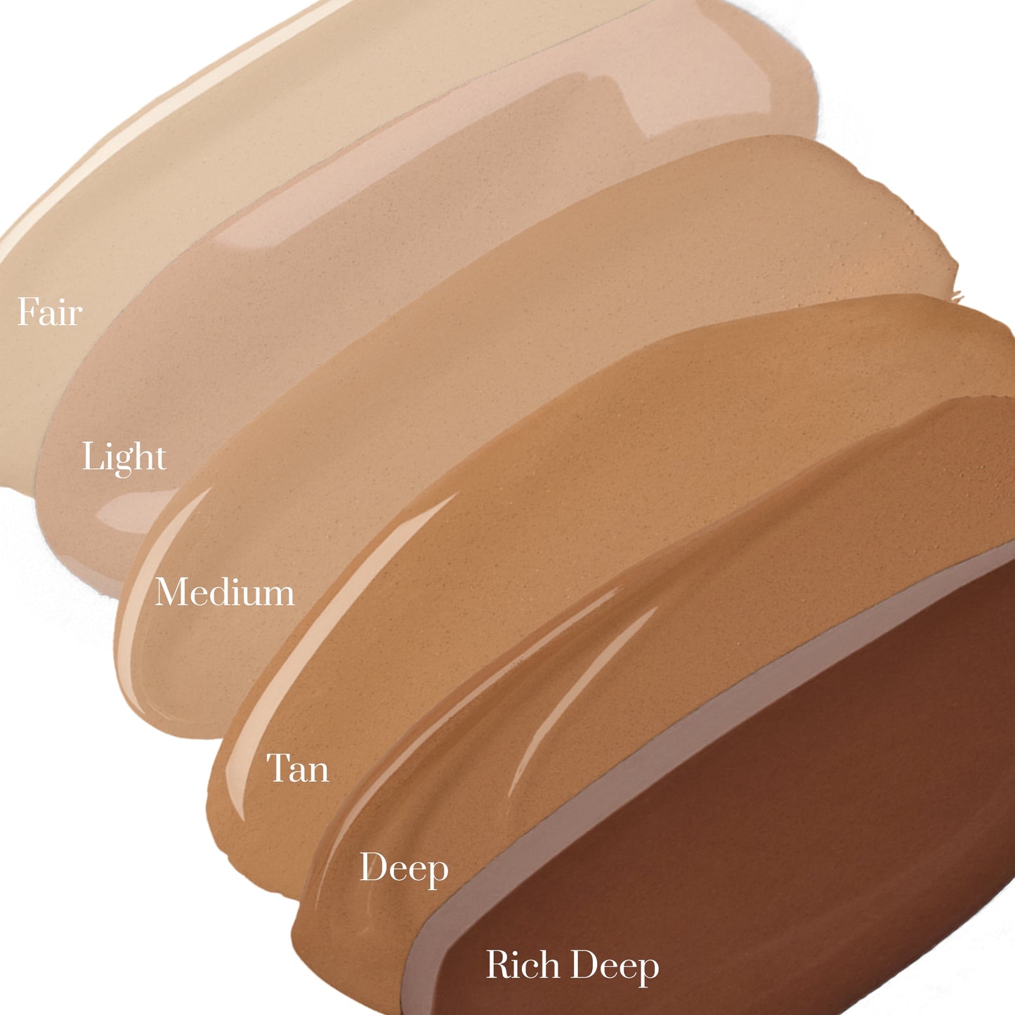 Colorescience Face Shield SPF color swatches - fair, light, medium, tan, deep, and rich deep