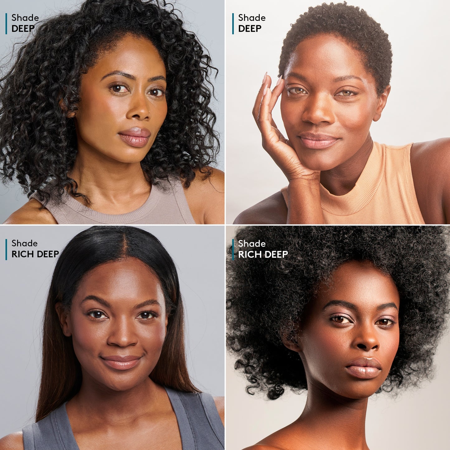 Four women showing skin tones suitable for Colorescience Face Shield Flex deep and rich deep shades