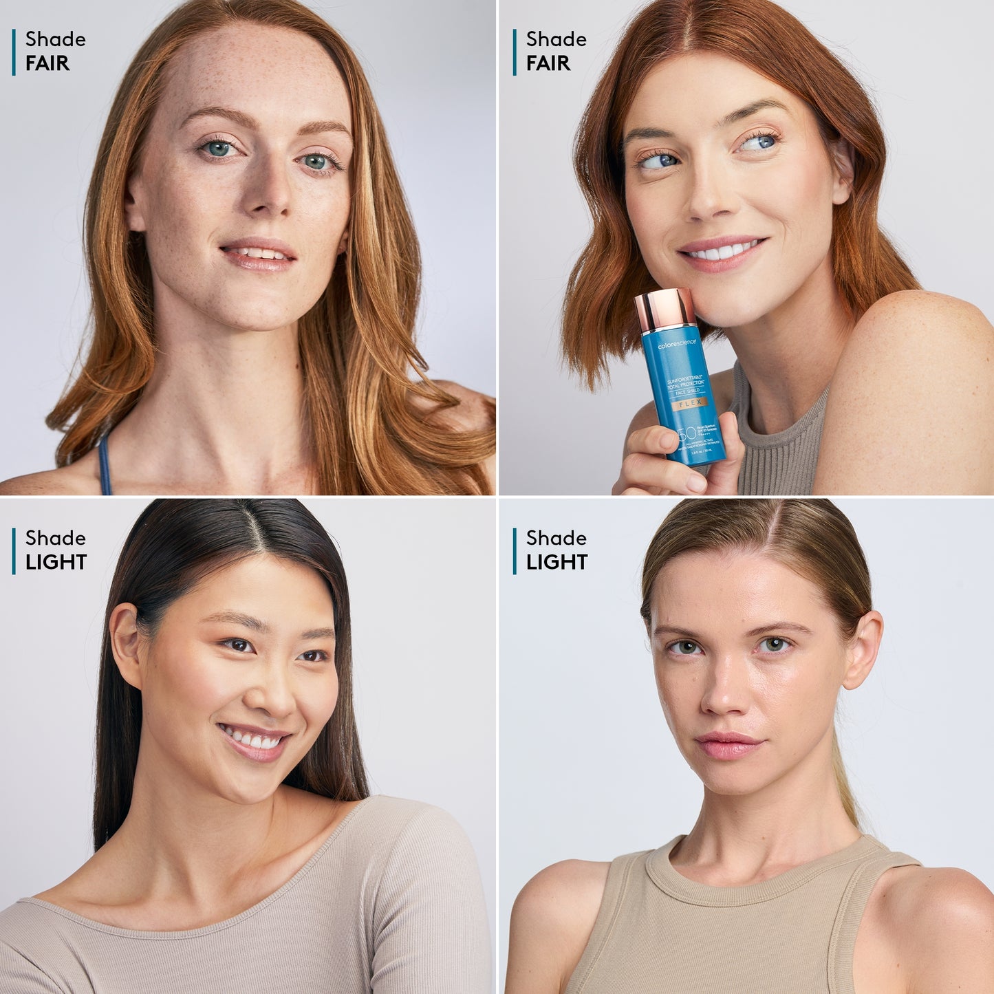 Four women showing skin tones suitable for Colorescience Face Shield Flex fair and light shades