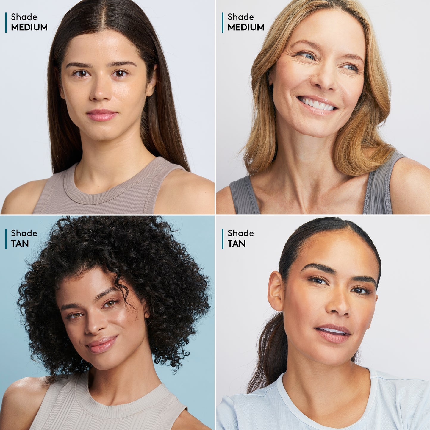Four women showing skin tones suitable for Colorescience Face Shield Flex medium and tan shades