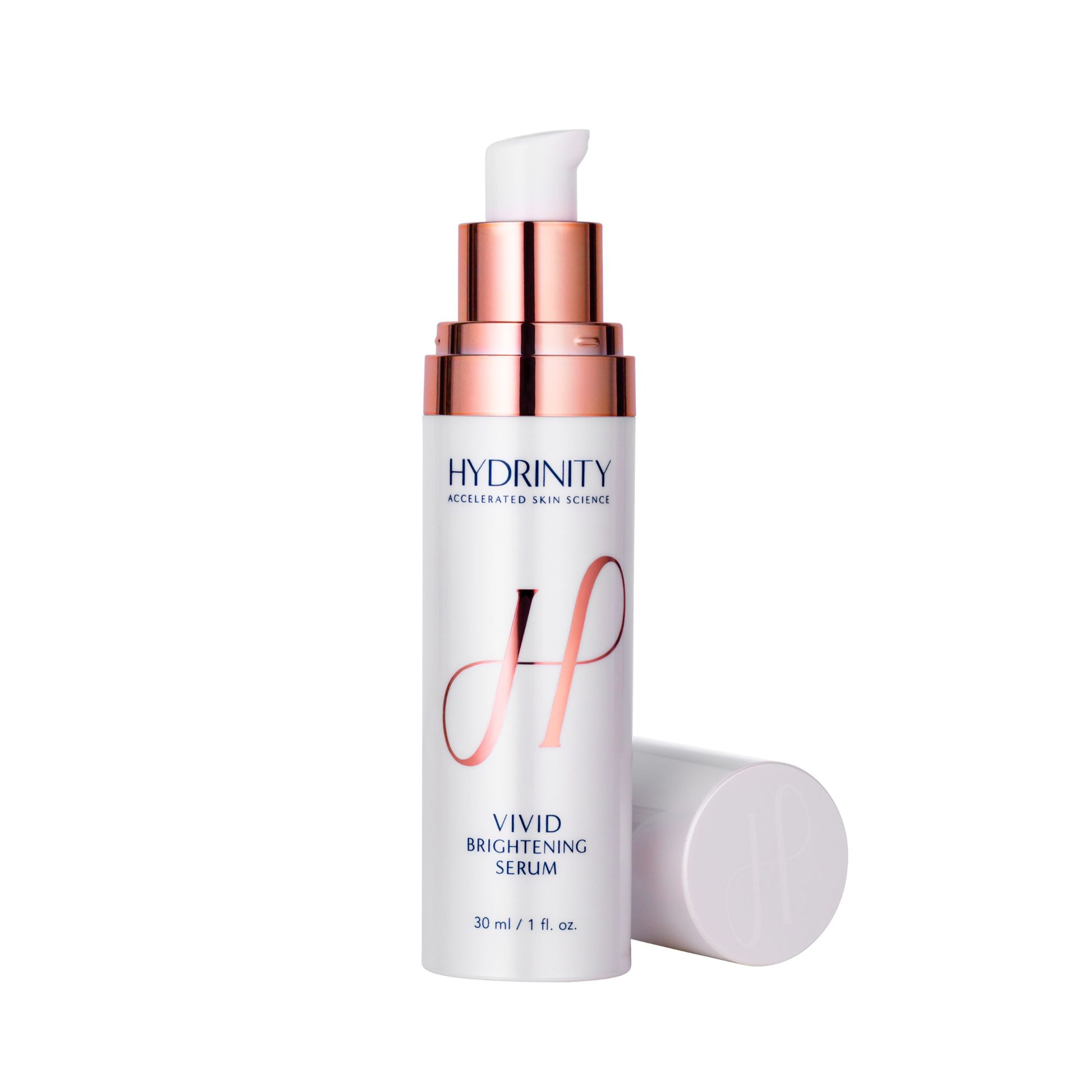 Hydrinity Vivid Brightening Serum without cap on, showing the pump dispenser