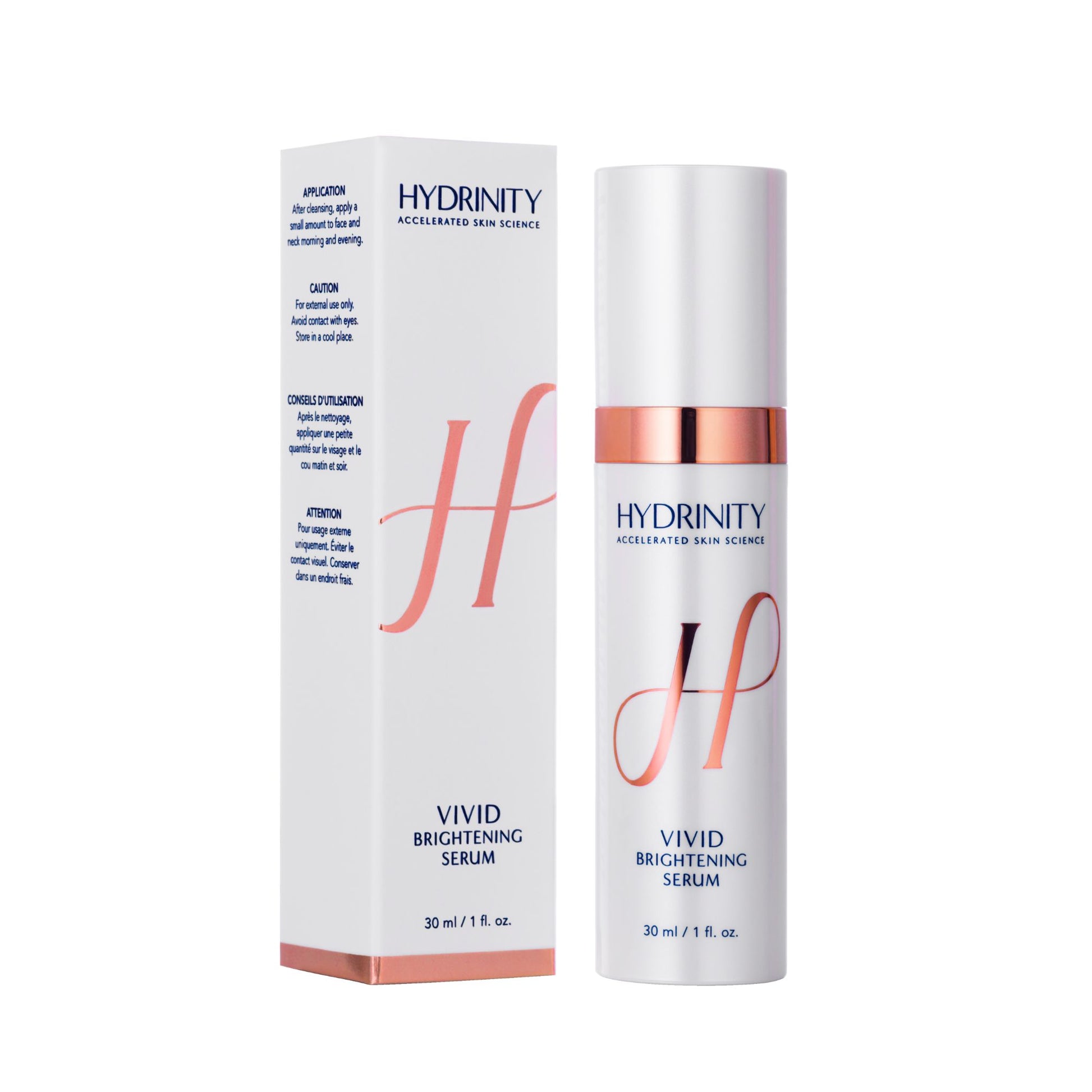 Hydrinity Vivid Brightening Serum bottle and box packaging side by side