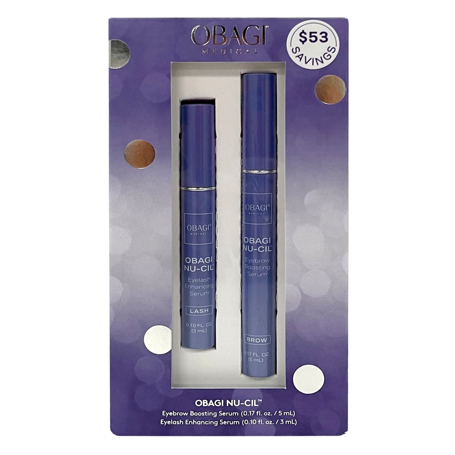 The Obagi Eyelash and Eyebrow Growth Serums in purple box packaging