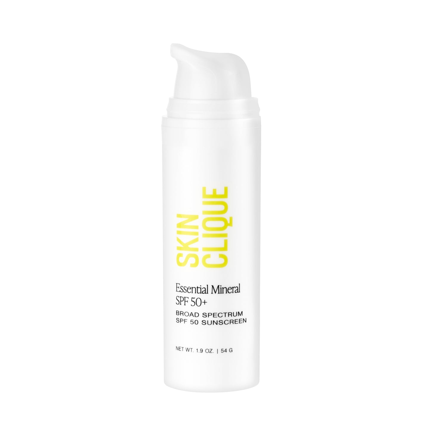 Essential Mineral Sunscreen bottle from Skin Clique without the top on, showing pump dispenser