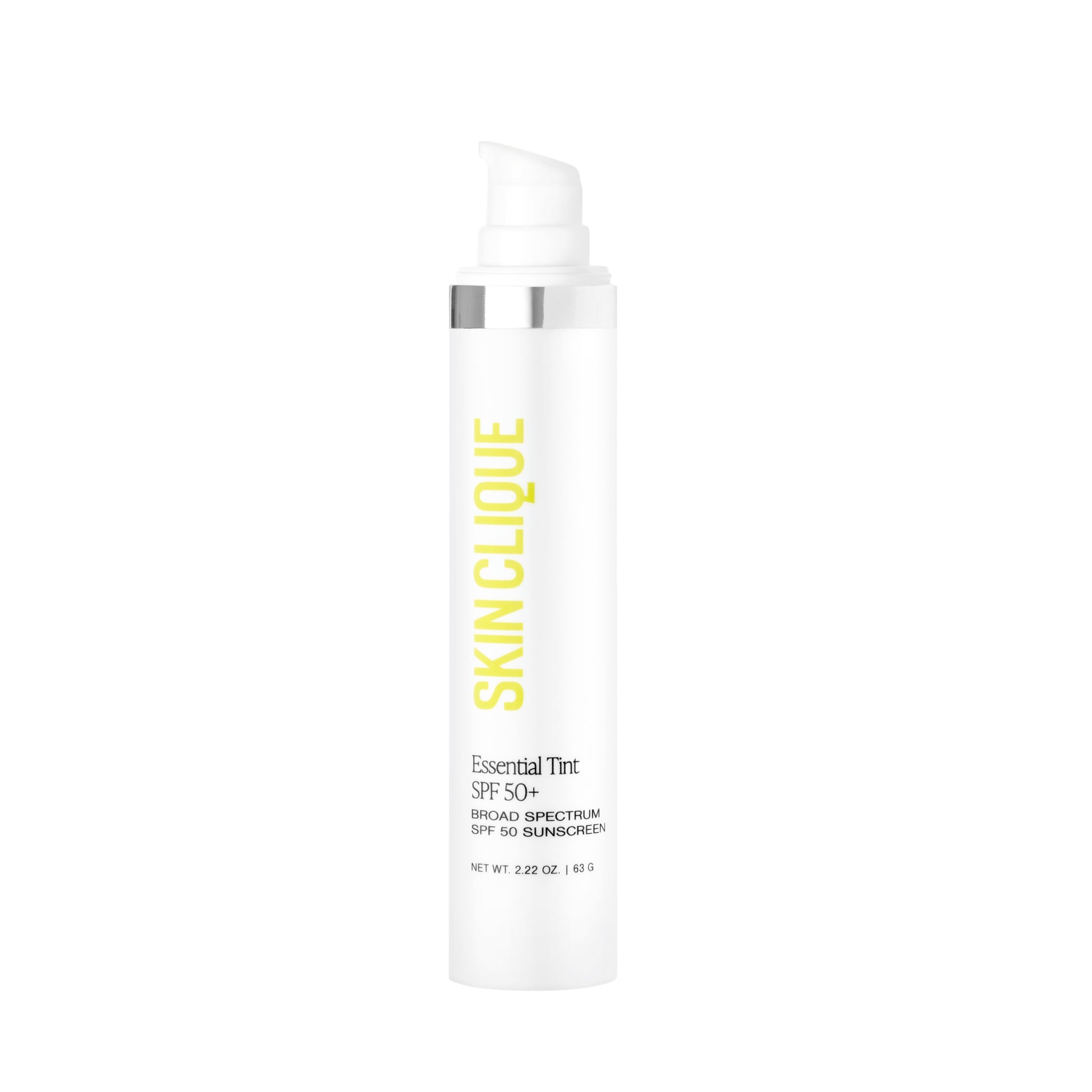 Essential Tint SPF 50+ Sunscreen from Skin Clique without the top on the bottle, showing pump dispenser