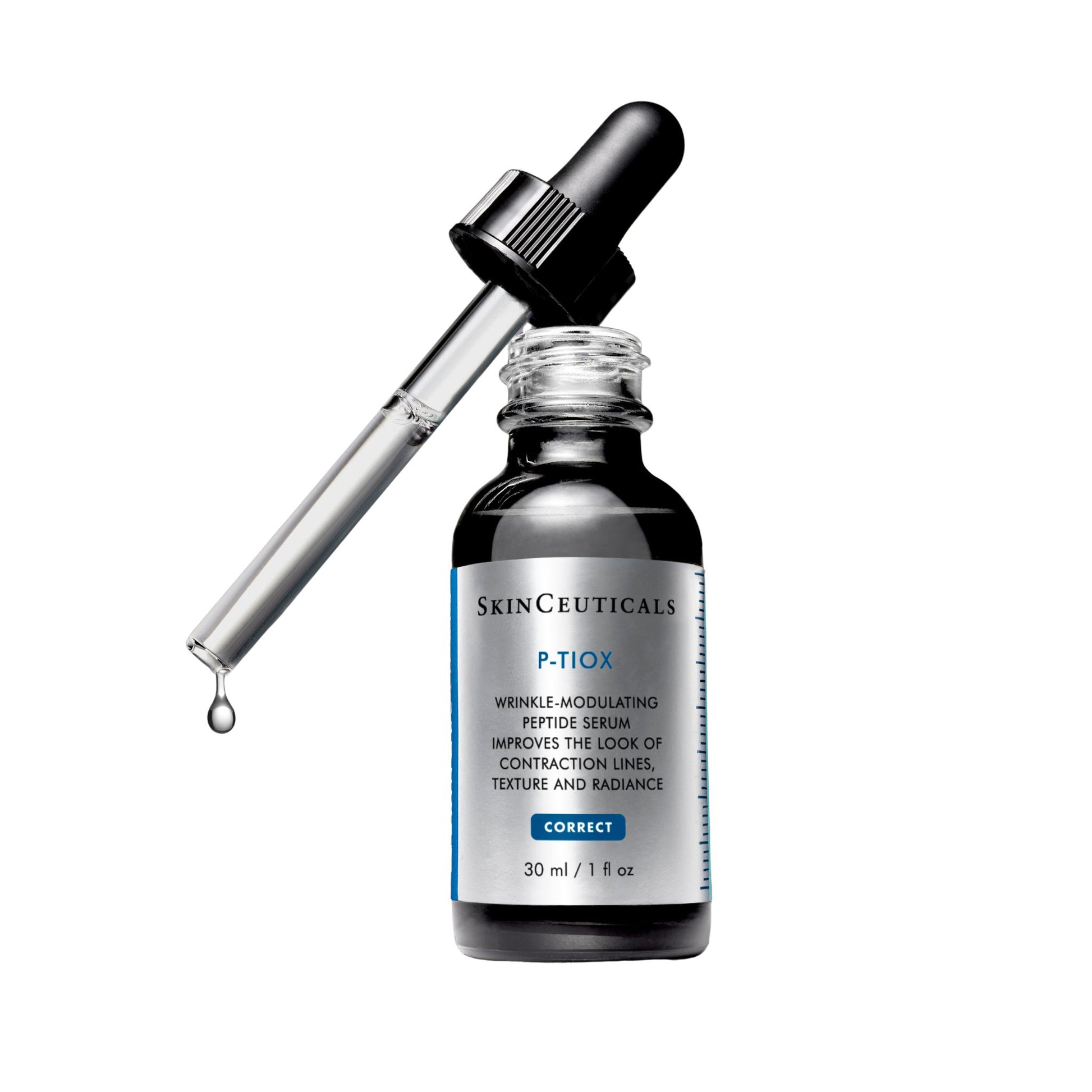 Open bottle of SkinCeuticals P-TIOX anti-aging serum with dropper