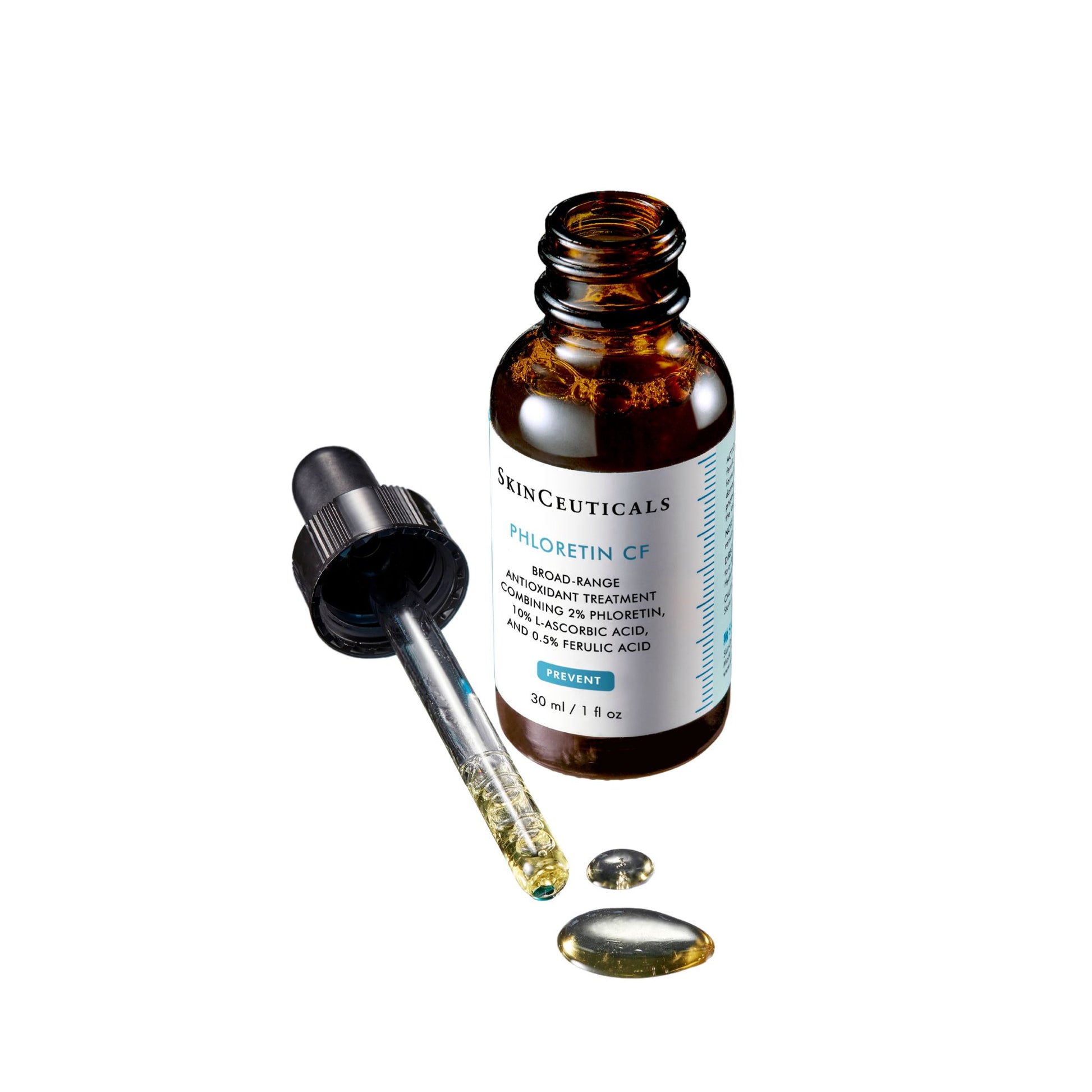 Open bottle of SkinCeuticals Phloretin CF with drop applicator dispensing serum