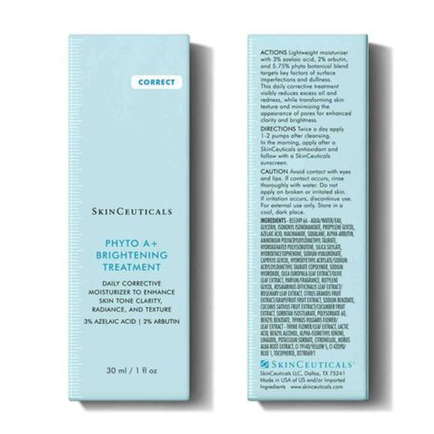 Light blue box packaging of SkinCeuticals Phyto A+ Brightening Treatment on a white background