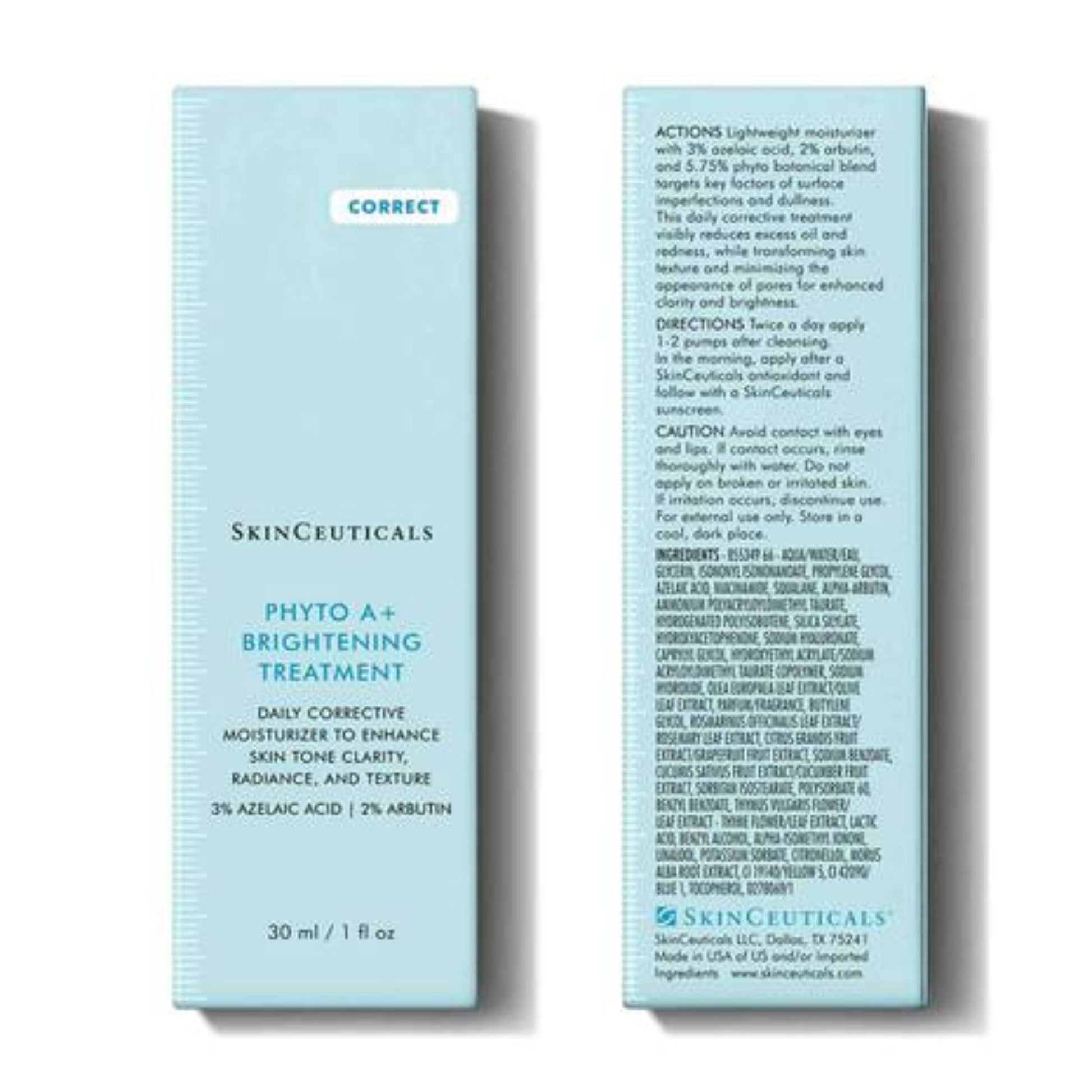 Light blue box packaging of SkinCeuticals Phyto A+ Brightening Treatment on a white background