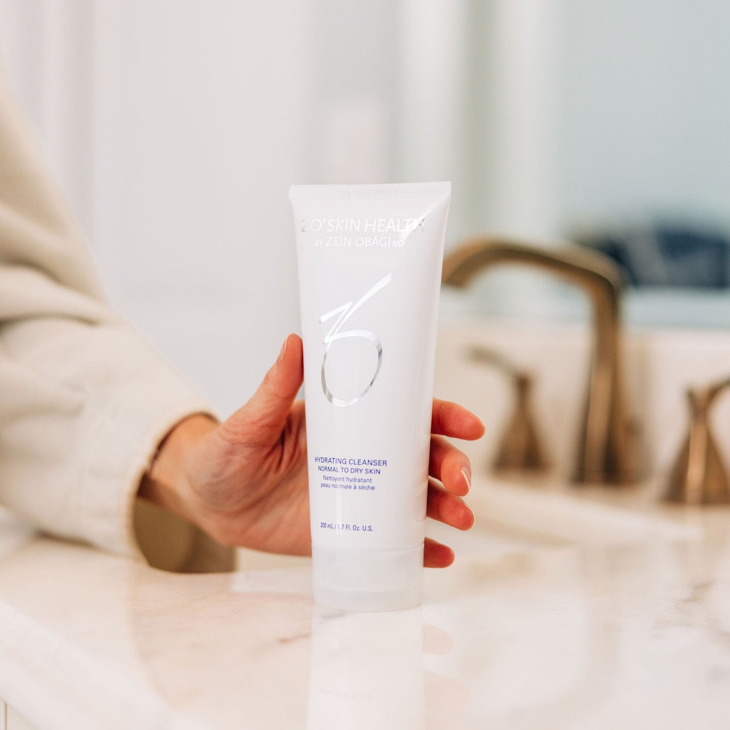 ZO Skin Health Hydrating Cleanser on the bathroom counter