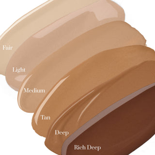 Colorescience Face Shield SPF color swatches - fair, light, medium, tan, deep, and rich deep