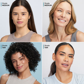 Four women showing skin tones suitable for Colorescience Face Shield Flex medium and tan shades
