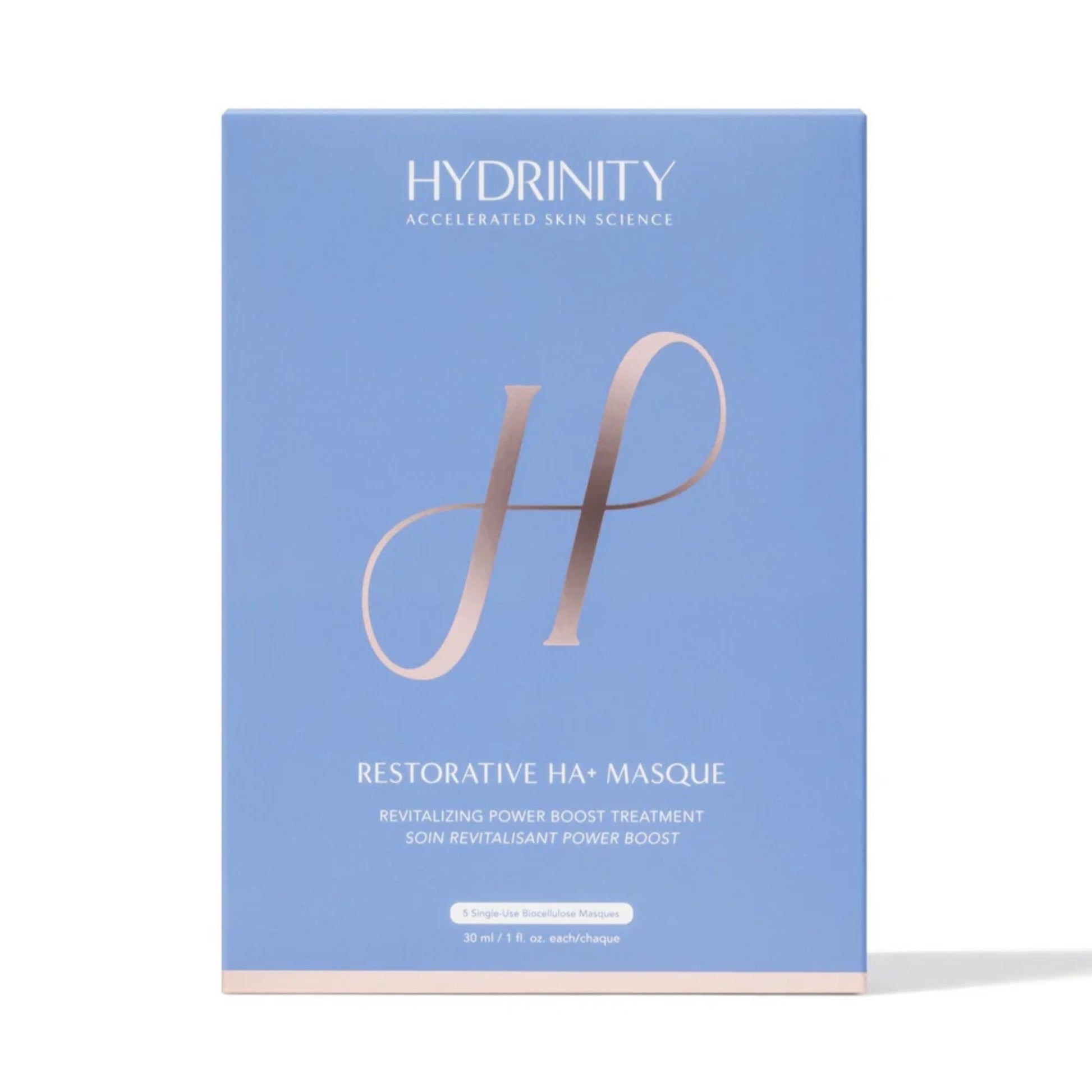 Box packaging for 5 single-use Hydrinity Restorative HA+ Masque