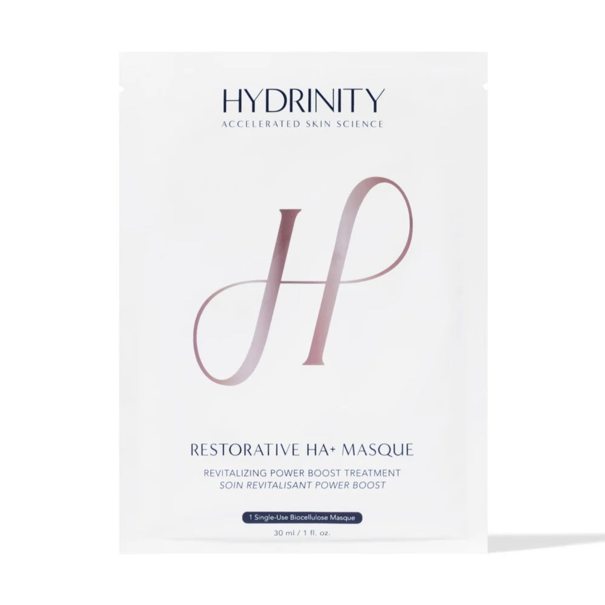 Box packaging for 1 single-use Hydrinity Restorative HA+ Masque