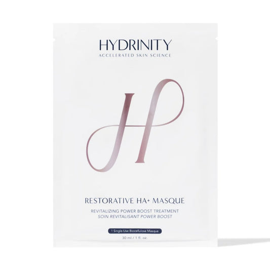 Box packaging for 1 single-use Hydrinity Restorative HA+ Masque