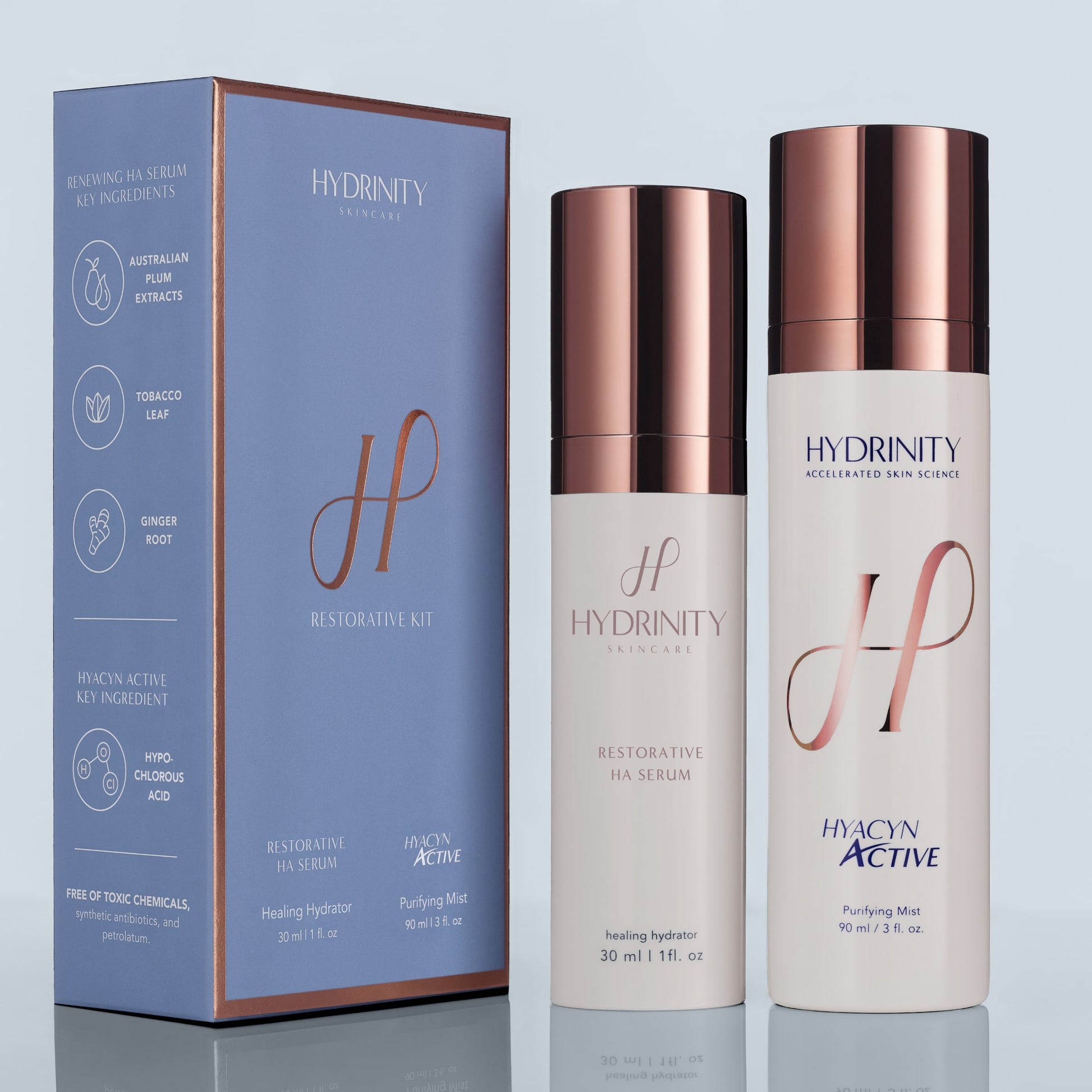 Hydrinity Restorative Kit bottles and exterior box packaging side by side