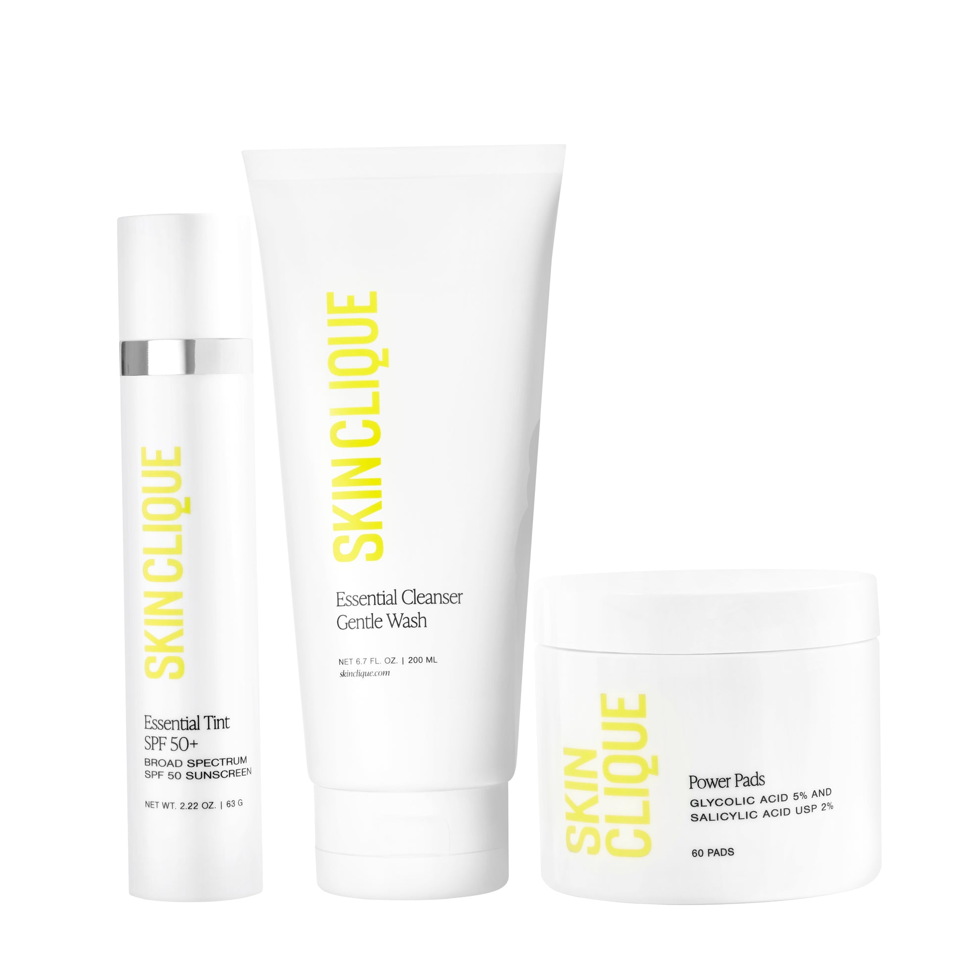 A photo of the Power Pack from Skin Clique that includes Essential Tint, Essential Cleanser, and Power Pads